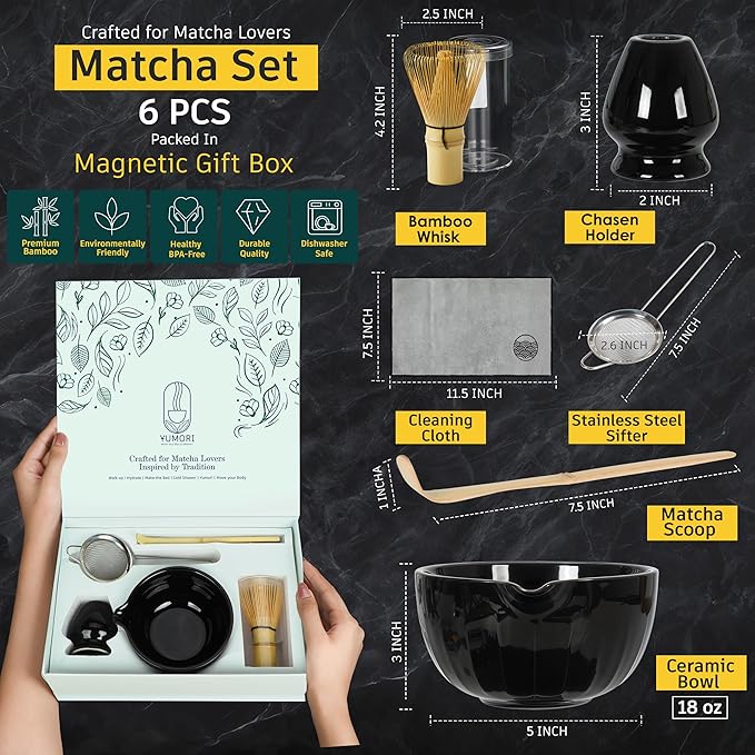 6 Pcs Matcha Whisk Set | Matcha kit with Black Bowl, Bamboo Whisk, Scoop, Sifter, Holder for whisk & Cleaning Cloth, Traditional Matcha Set in Magnetic Gift Box