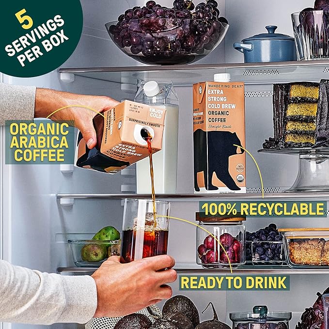 Wandering Bear Straight Black Organic Cold Brew Coffee - Extra Strong, Bold, Smooth, Unsweetened, Shelf-Stable, Ready to Drink, 100% Organic Iced Cold Brewed Coffee Drink - 32 fl oz, 3 pack