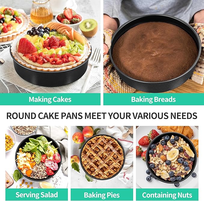 P&P CHEF Non-stick Cake Pan Set of 4, 8 Inch Round Baking Cake Pans Tins for Tier Smash Cakes, Non-Toxic & Solid, Stainless Steel Core & Leak-Proof, 4Pcs