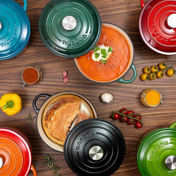 Cast Iron Dutch Oven with Lid – Non-Stick Ovenproof Enamelled Casserole Pot – Sturdy Dutch Oven Cookware – Green, 7.3-Quart, 30cm – by Nuovva