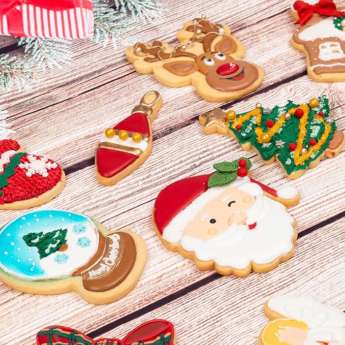 Flycalf Christmas Cookie Cutters Bulb Shapes with Plunger Stamps Holiday PLA Baking Accessories Cutter Molds Gifts Decorative Party 3.5" Kitchen Cake Supplies
