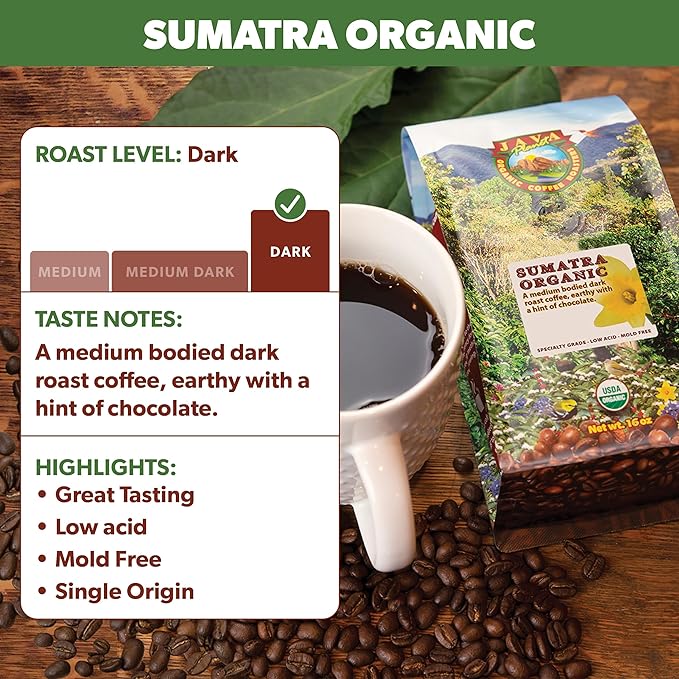 Low Acid Organic Coffee – Whole Bean, Mold-Free & Stomach Friendly by Java Planet, Sumatran Single Origin Coffee, Dark Roast, Smooth Full Flavored, 5LB Bag