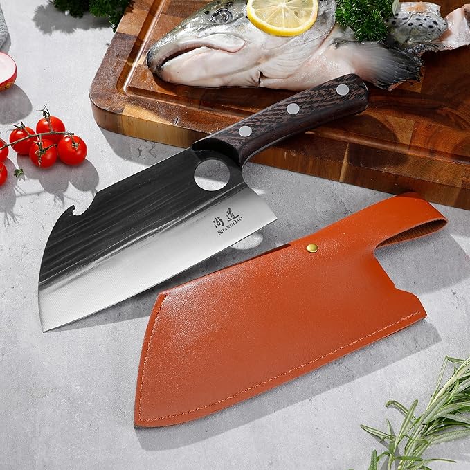 SHANGDAO 7" Deba Knife, Hand Forged Cleaver Butcher Knife for Meat Cutting, Japanese Kitchen Viking Knife with Sheath, Cooking Knife for Kitchen and Outdoor Camping, Thanksgiving Christmas Gifts
