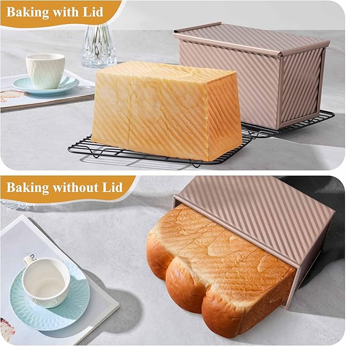 LIANYU Pullman Loaf Pan with Lid, 1 LB Dough Capacity Nonstick Bread Baking Loaf Pan, Carbon Steel Corrugated Bread Toast Box Tin for Homemade Sandwich, Rose Gold