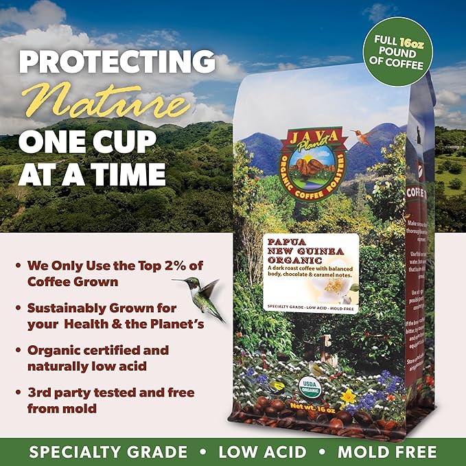 Low Acid Organic Coffee – Whole Bean, Mold-Free & Stomach Friendly by Java Planet, Papua New Guinea Single Origin Coffee, Dark Roast, Smooth Full Flavored, 1LB Bag