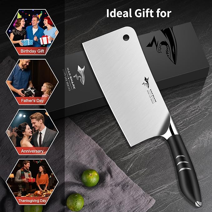 MAD SHARK 7.5 Inch Meat Cleaver Knife, Professional Bone Chopping Butcher with Heavy Duty Blade, German Military Grade Composite Steel, Chinese Chef's Bone Cutting Knife for Home Kitchen & Restaurant