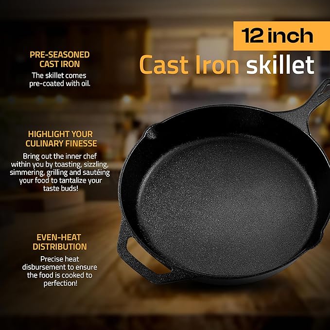 Utopia Kitchen Cast Iron Skillets 12 Inch, Chef's Pan, Pre-Seasoned Frying Pan, Stovetop, Oven, Campfire and Grill Large Skillet, Even Heat Distribution Multipurpose Cast Iron Pan - Black