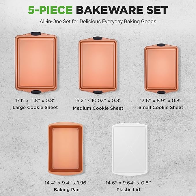 NutriChef 5‑Piece Non‑Stick Bakeware Set – Premium Carbon Steel Baking Pans Set with Silicone Handles, Stackable Oven Pan Set for Cookies, Sheet Cakes, & Roasting