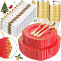 Nervure 350PCS Red Plastic Plates - Red Gold Plastic Dinnerware Sets for 50 Guests - 100 Gold Disposable Plates, 50 Pre Rolled Silverware Sets, 50 Cups Perfect for Wedding & Party & Christmas