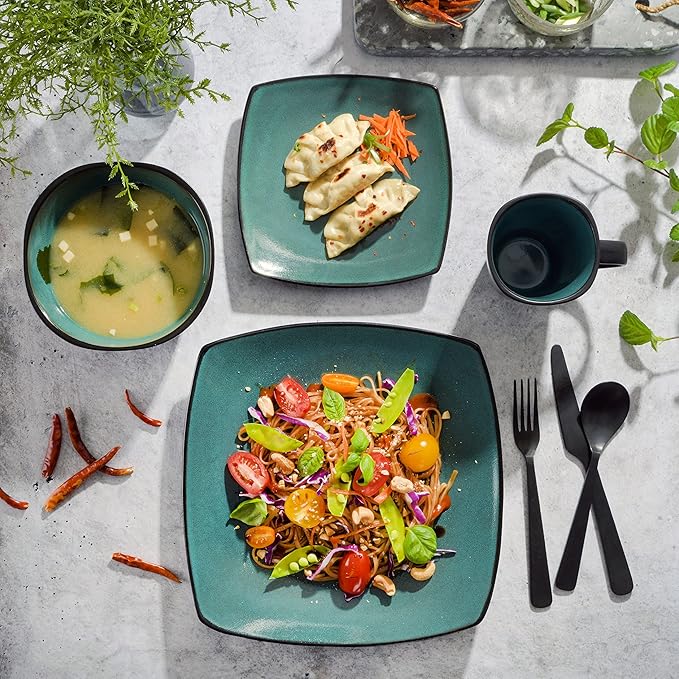 Gibson Elite Soho Lounge 16-Piece Reactive Glaze Dinnerware Set, Teal/Black Two-Tone