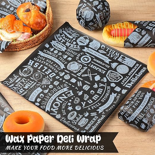 Outus 1400 Pcs 12 x 12 Inch Deli Wax Paper Sheets Grease Resistant Tray Basket Liners Newsprint Paper Water and Grease Proof Sandwich Wrapping Square Hot Dog Wrapper for Food Baking (Black)