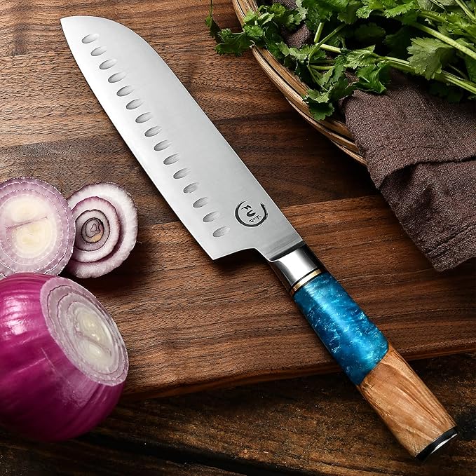 Santoku Knife Kitchen Knife Ultra Sharp Santoku Knife 7 Inch - High Carbon Stainless Steel - Ergonomic Resin Handle, Best Choice for Home Kitchen Chef Knife, Blue