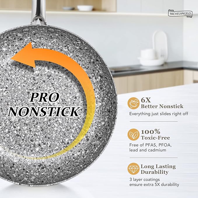 MICHELANGELO Frying Pan Set with Lid, 8" & 10" Granite Frying Pan Set with 100% APEO & PFOA-Free Stone Non Stick Coating, Granite Skillet Set with Lid, Nonstick Frying Pans 2 Piece - 8"+10"