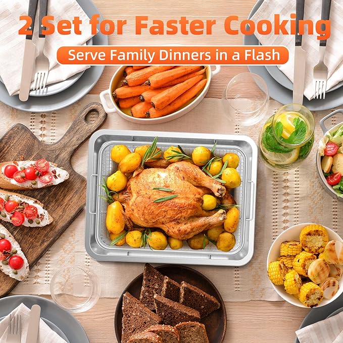 Air Fryer Basket for Oven, 2 Set Oven Air Fryer Basket and Tray with 60 PCS Parchment Papers, DEGOVIN Crisper Tray Non-stick Stainless Steel Air Fry Pans for Convection Oven(15.8" × 11" & 13" × 9.7")