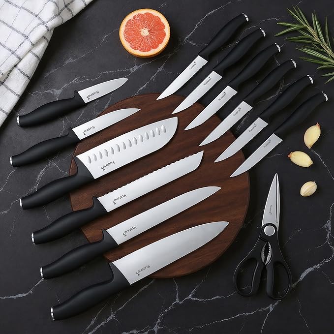 Kuisine Chef Knife Set,High Carbon Stainless Steel Ultra Sharp Blade Ergonomic Handle,Kitchen Knife Block Set with Built-in Sharpener,Elegant Gift for Holiday(Silver Black,15PCS)