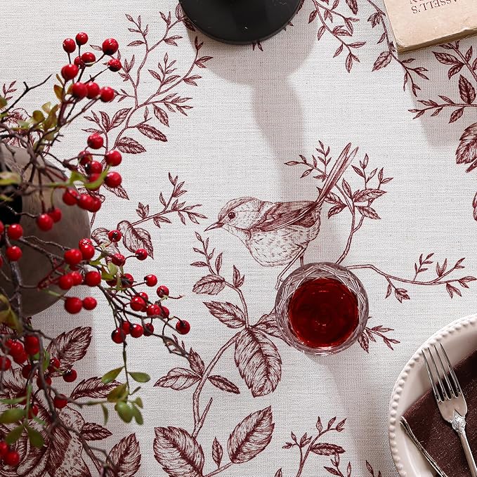 ISAENNE Designer Vintage Linen Small Square Tablecloth,Red Floral Pattern Linen Stain Resistant Table Cloth,Decor Tablecloths for Dining Thanksgiving Kitchen Tea Party,55"*55"-Harmony