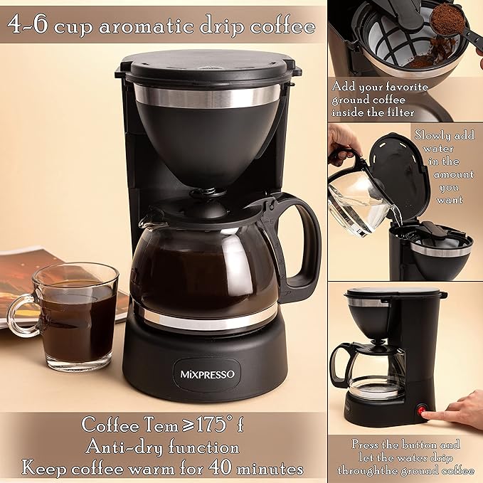 Mixpresso Drip Coffee Maker Coffee (6 Cups), Black