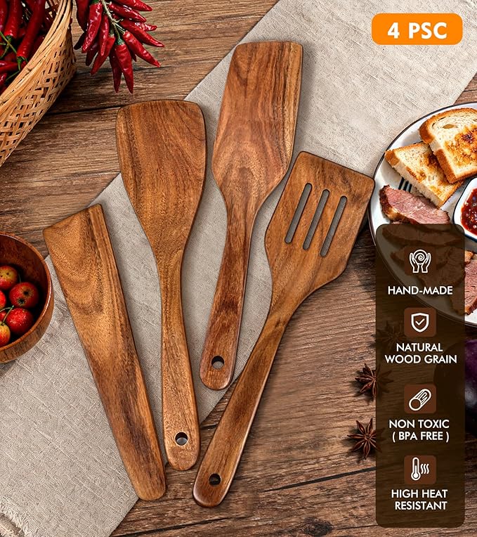 4Pcs Wooden Spatula for Cooking, Acacia Wooden Spatula for Kitchen Use, Nonstick Cookware Safe Utensils Set including Turner, Slotted Turner, Paddle and Scraper, Ideal Cooking Utensils Gift Set