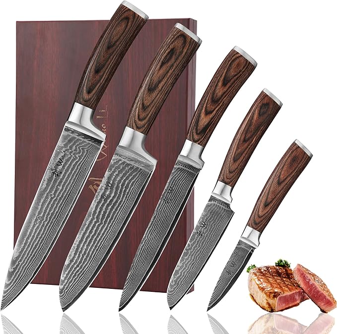 Wakoli EDIB 5-Piece Damascus Knife Set – Professional Kitchen Knives | Genuine Damascus Steel Blades with VG10 Core | Ergonomic Pakkawood Handles | Premium Chef Knife Set