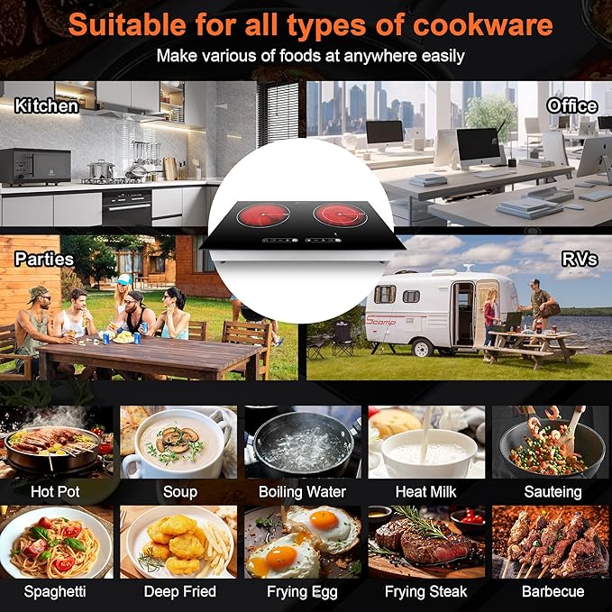 Dual Coil Design of 2 Burner Cooker, 1800W Electric Ceramic Hot Plate for Cooking, Infrared Double Burner Portable Countertop or 24inch Built-in Cooktop Radiant Stove Top, Compatible with All Cookware