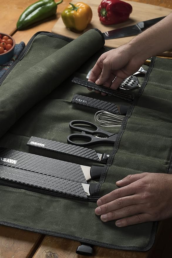 Asaya Canvas Chef Knife Roll Bag - 10 Knife Slots and a Large Zipper Pocket - Durable 10oz Canvas Knife Case with an Adjustable Shoulder Strap - Knives not Included (Forest Green)