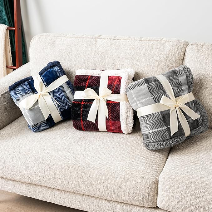 Pavilion Light Grey Plaid Sherpa Throw Blanket for Couch Twin, Plush Flannel Fleece Throws, Soft Fuzzy Cabin Blanket for Sofa Bed, Warm Cozy Winter Gift, 60x80