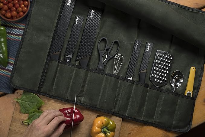 Asaya Canvas Chef Knife Roll Bag - 10 Knife Slots and a Large Zipper Pocket - Durable 10oz Canvas Knife Case with an Adjustable Shoulder Strap - Knives not Included (Forest Green)