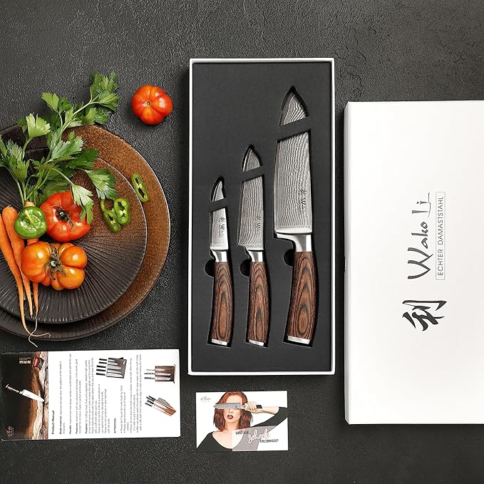 Wakoli EDIB 3-Piece Damascus Knife Set with Magnetic Knife Block | Professional Chef Knives with 3.4" - 6.7" Blades, 67-Layer Damascus Steel, VG10 Core, Pakkawood Handles | Premium Kitchen Knife Set