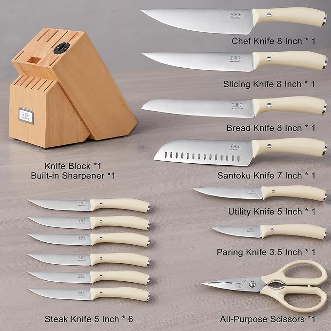 Newly Updated Sharp Chef Knife Set,High Carbon Stainless Steel Forged,Kitchen Knife Set Ergonomic Handle,Hundreds of Years of Masterful Craftsmanship(15PCS,Ivory)