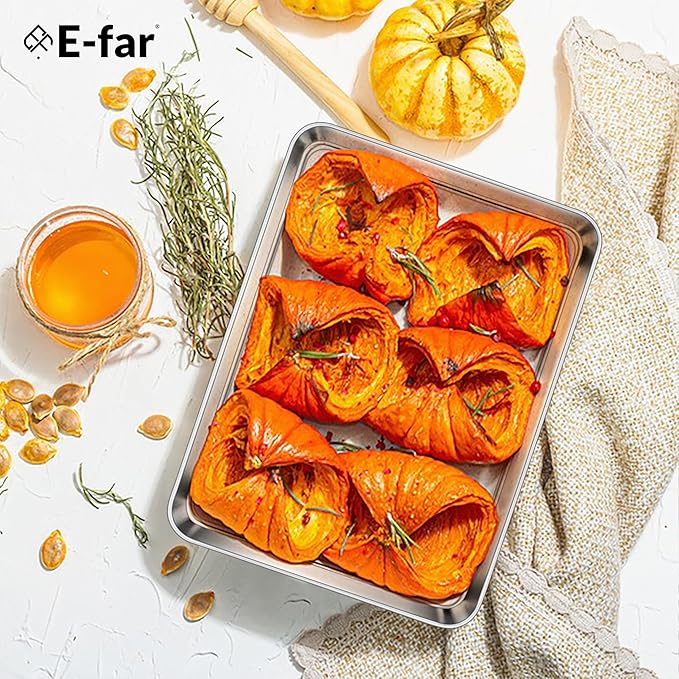 E-far 3 Pack Toaster Oven Trays, 9.4”x7.3” Stainless Steel Small Baking Cookie Sheets, Mini Non-toxic Metal Baking Pans for Cake, Healthy & Rust Free, Mirror Finish & Dishwasher Safe