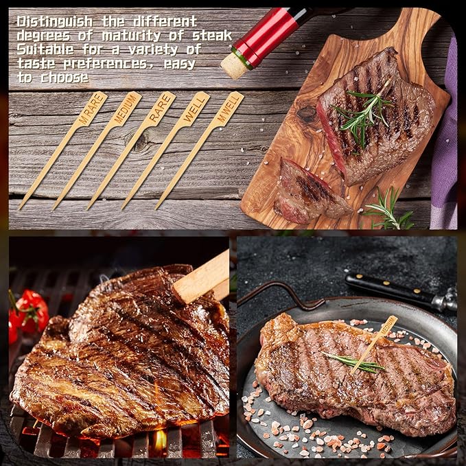 Soaoo 1000 Pcs 3.5" Assorted Bamboo Wood Temperature Picks Steak Temperature Sticks Meat Doneness Steak Markers Bamboo Paddle Skewers Sticks for BBQ Barbecue Party Cocktail Fruit Grilling Roasting