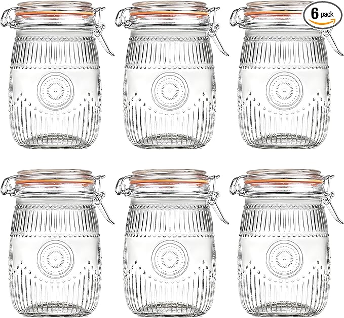 Amzcku Wide Mouth Vintage Mason Jars with Airtight Lid 32oz, Canister Quart Jars for Kitchen Storage - for Coffee, Sugar, Beans 6 Pack