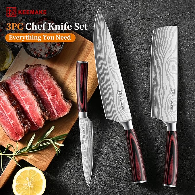 KEEMAKE Kitchen Knife Sets, 3 Pieces Professional Chef Knife Set with High Carbon Stainless Steel, Ultra Sharp Blade Kitchen Knives Sets with Ergonomic Pakkawood Handle & Gift Box