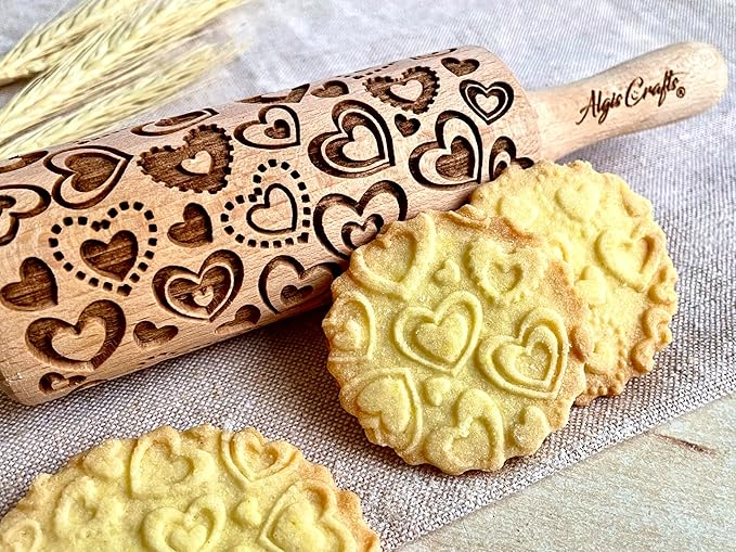 LOVELY DAY 3 KID Rolling Pin SET with HEART, PAISLEY and SPRING patterns. Wooden Laser Cut Mini embossing Rolling Pins for cookies, play dough, salt dough or clay by Algis Crafts