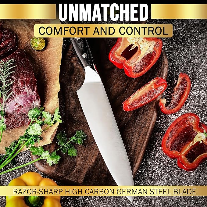 SliceElite Slice Series 8 Inch Chef Knife High Carbon German Steel Blade Pakkawood Handle Dual Sheath Sharp Cooking Knife for Meat Cleaver BBQ Kitchen Knife for Slicing Chopping Cutting Carving Tool