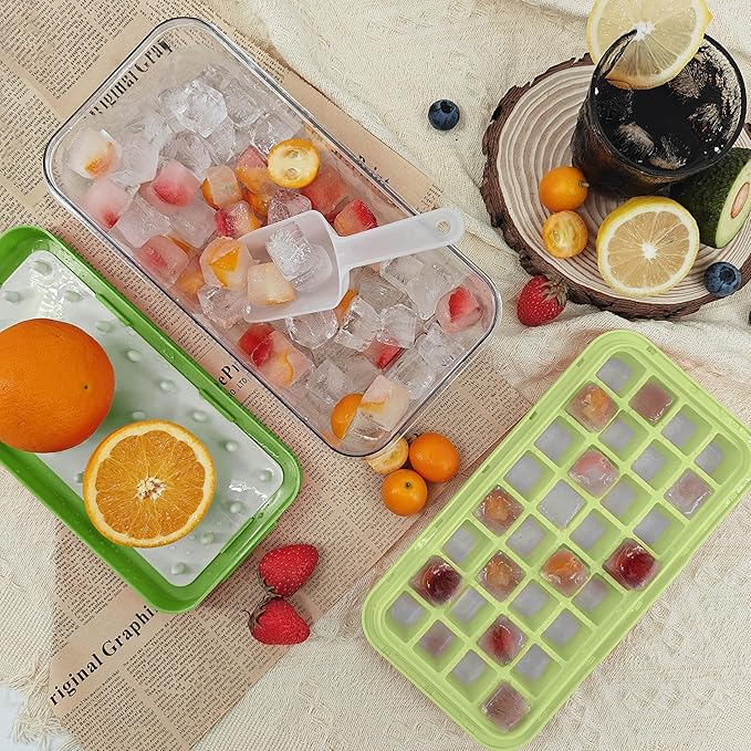 Satax Silicone & Plastic Ice Cube Trays with Lids and Bin - Durable, BPA-Free, Easy Release, Perfect for Cocktails, Coffee & More (2, green)